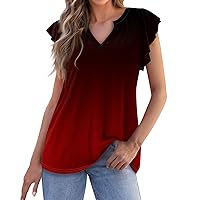 Women‘S 2024 Summer Tops Notched V Neck Ruffle Cap Sleeve Blouse Solid/Gradient Color Comfortable Versatile Shirts