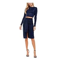 Womens Navy Glitter Slitted Sheer Overlay Long Sleeve Round Neck Below The Knee Party Body Con Dress Juniors XS