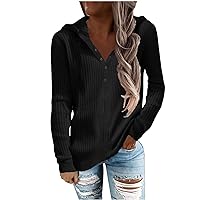 Ribbed Knit Sweater Hoodies for Women V Neck Button Collar Hooded Sweatshirts Winter Casual Long Sleeve Tunic Sweater Tops