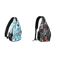 MOSISO Sling Backpack,Travel Hiking Daypack Pattern Rope Crossbody Shoulder Bag, Flamingo&Creative Plant Leaves