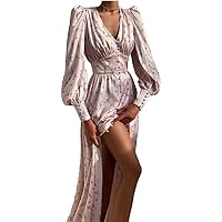 V-Neck Dress Lady Elegant Slim Lantern Sleeve Single Breasted Slit Party Dresses for Women Robe
