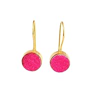 Guntaas Gems Hot Pink Agate Sugar Druzy Brass Gold Plated Drop & Dangle Earrings Minimalist Round Crystal Druzy Jewelry Gift For Her