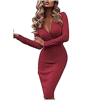 Women's Elegant Deep V-Neck Long Sleeve Sexy Club Party Work Business Bodycon Casual Basic Solid Color/Sequin Patchwork/Floral/Leopard Print Wrap Pencil Midi Dress(A Red M)