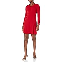 Donna Morgan Women's Long Sleeve Fit and Flare Crepe U-Ring Trim Dress Workwear Career Office Event Guest of, Barbados Cherry