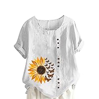 Summer Womens Cotton Linen T-Shirt Casual Sunflower Butterfly Button Up Tops Short Sleeve Tunic Comfy Soft Loose Blouse