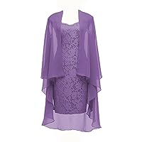 Column 3/4 Sleeves Lace Chiffon Short Wedding Mother Evening Dresses Formal Purple Size 10