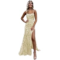 Spaghetti Straps Champagne Prom Dresses 2024 Sparkly Mermaid Sequin Evening Gowns for Women with Slit Size 0