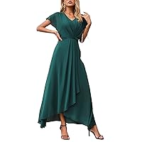 Women Summer Dresses 2023 Solid V Neck Wrap Hem Belted A-Line Long Dress