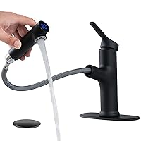 Bathroom Sink Faucet with Pull Down Sprayer, LED Digital Display Single Handle Stainless Steel with Mini Bar Prep fits 3 or 1 Hole, Pull Down RV Sink Faucets Matte Black