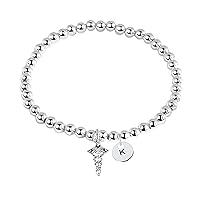 Caduceus Jewelry, Personalized Caduceus Initial Letter Beaded Adjustable Bracelet, Caduceus Gift, Caduceus Accessories for Healthcare Professionals
