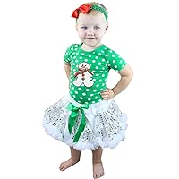 Petitebella Xmas Snowman Polka Dots Green Shirt Sequins Skirt Outfit Set 1-8y