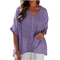 Cotton Linen Shirts for Women Front Twist Button Trendy Blouses Summer Casual Loose Fit V Neck Dressy Work T-Shirts