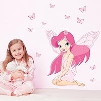 Beautiful Pink Girl Butterfly Fairy Removable Wall Sticker Decal, Children Kids Baby Home Room Nursery DIY Decorative Adhesive Art Wall Mural