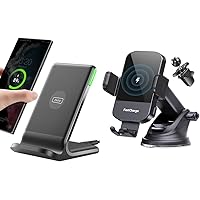 INIU Wireless Charger, 15W Fast Qi-Certified Wireless Charging Station & CHGeek Wireless Car Charger, 15W Fast Charging Auto Clamping Car Charger Phone Mount Phone Holder
