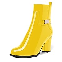 Womens Patent Zip Dress Boots Casual Round Toe Chunky High Heel Ankle High Boots 3.3 Inch