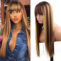 Blonde Highlight Wigs for Women, Blonde Mix Brown Wig with Bangs Silky Soft Fiber Synthetic Wig for Daily Party Use(24 Inch,Blonde Highlight)