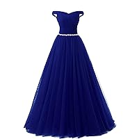 BellaBridal Women's Long Tulle Crystal Formal Prom Dress Off Shoulder Quinceanera Dress Party Ball Gown 020 Royal Blue