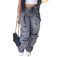 Womens Baggy Jeans Cargo Pants Y2K High Waisted Distressed Street Denim Wide Leg Trousers