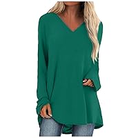 Womens Tops Long Sleeve Solid Tunics Tops V Neck Casual Cute Shirts Fall Loose Fit Blouses Tees