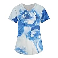 Scrub Tops for Women Short Sleeve V-Neck Working Uniform T-Shirt Floral Printed Nurse Workwear Blouse with Pocket