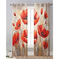 Watercolor Red Poppy Sheer Curtains 84 Inch Length 2 Panels Set, Grommet Kitchen Curtains Sheer Window Curtain for Living Room Bedroom Light & Airy Privacy Drapes Spring Summer Floral Painting