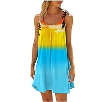 Color Block Mini Beach Dress Women Summer Sleeveless Flowy Tank Dresses Pleated Front Coconut Tree Casual Sundress