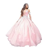 Off The Shoulder Ball Gown Quinceanera Prom Dress with Illusion Long Sleeves Lace Beaded 2024