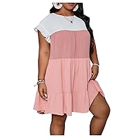 SOLY HUX Women's Plus Size Dress Color Block Cap Sleeve Ruffle Hem Loose Babydoll Short Dresses