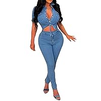 Womens Sexy Short Sleeve Lapel Button Hollow Slim Casual Denim Jumpsuit Rompers Overalls
