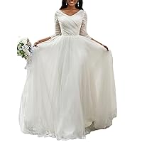 A-Line/Princess Formal Wedding Dresses 3/4 Sleeves Sweep/Brush Train Tulle Bridal Gowns with Buttons Ruched 2023