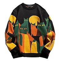 Japanese Harajuku Knitted Sweater Men Man Cartoon Cat Print Pullover Vintage Loose Sweaters Streetwear Autumn
