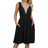 Women’s Lace V Neck Sleeveless Pleated Summer Dress Solid Casual Beach A Line Dress with Pockets