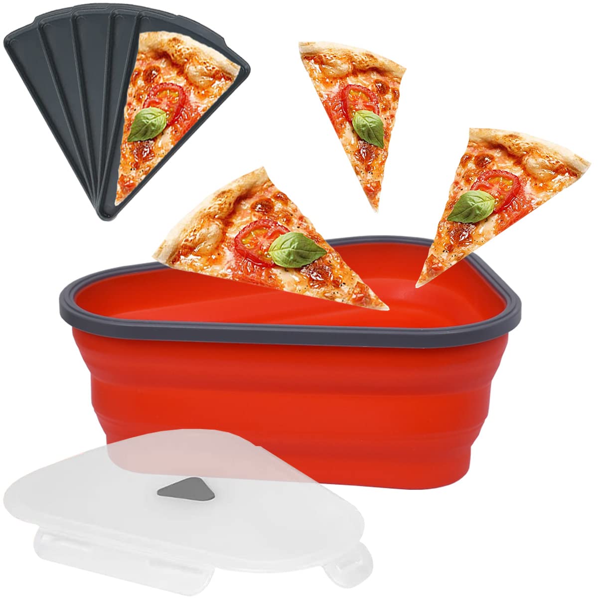 Pizza Storage Container with Silicone, Expandable and Collapsible Pizza Container with 5 Microwavable Serving Trays, Pizza Holder Reusable and Save Space, Pizza Slice Container for Leftover (Red)