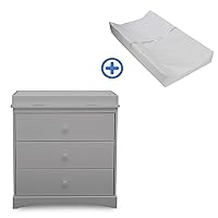 Sutton 3 Drawer Dresser with Changing Top, Grey and Contoured Changing Pad, White