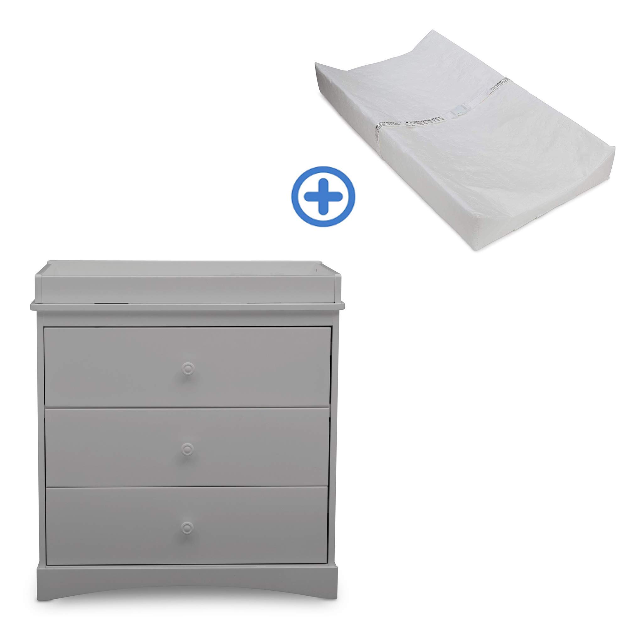 Delta Children Sutton 3 Drawer Dresser with Changing Top, Grey and Contoured Changing Pad, White