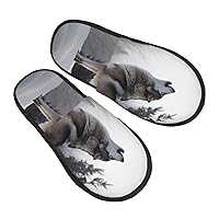 Howling wolf Furry Slippers for Men Women Fuzzy Memory Foam Slippers Warm Comfy Slip-on Bedroom Shoes Winter House Shoes for Indoor Outdoor