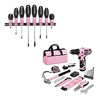 WORKPRO 12V Pink Cordless Drill and Home Tool Kit, 70 Pieces Hand Tool for DIY, Home Maintenance, 14-inch Storage Bag Included - Pink Ribbon