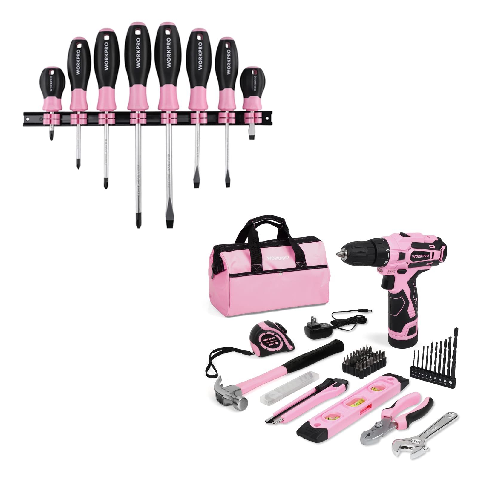 WORKPRO 12V Pink Cordless Drill and Home Tool Kit, 70 Pieces Hand Tool for DIY, Home Maintenance, 14-inch Storage Bag Included - Pink Ribbon