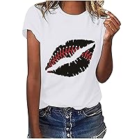 Women T-Shirts Cute Lips Baseball Print Tee Tops 2023 Summer Funny Graphic Short Sleeve Round Neck Blouses Shirt