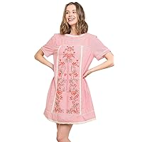 Umgee Women's Striped Floral Embroidered Bohemain Short Sleeve Dress