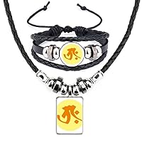 Religion Buddhist Sanskrit Trah Pattern Leather Necklace Bracelet Jewelry Set