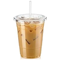 100 Pack 16 oz Clear Plastic Cups with Flat Lids, Disposable Iced Coffee Cups, BPA Free Premium Crystal Smoothie Cup for Party, Lemonade Stand, Cold Drinks, Juice, Milkshake