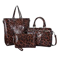 3pcs Women PU Handbag+Shoulder Bag+Clutch Leopard Pattern Top Handle Fashion Satchel Tote Purse