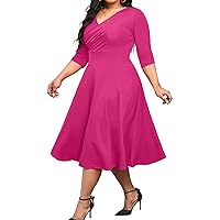 CLOCOR Women's Plus Size Midi Dress 3/4 Sleeve A-Line Swing Dress V Neck Flowy Casual Dresses