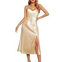 ALCEA ROSEA Womens Satin Dress Backless Spaghetti Strap Cocktail Dress Wedding Guest Evening Party Midi Dresses with Slit