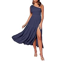 MEROKEETY Women's Summer One Shoulder Sleeveless Knot Smocked Midi Dress Split Tiered Flowy Dresses