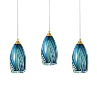 Mini Glass Pendant Lights Kitchen Island, Handcrafted Blown Blue Art Glass Ceiling Pendant Lighting with Brushed Gold Finish, Adjustable Cord Pendant Lights for Hallway,Dining Room, 3 Pack