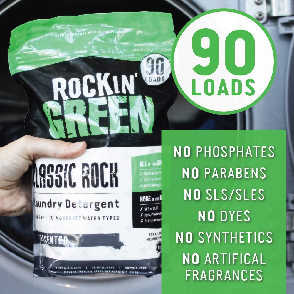 Rockin' Green Classic Rock Laundry Detergent (90 Loads), Plant based, All Natural Laundry Detergent Powder, Vegan and Biodegradable Odor Fighter, Safe for Sensitive Skin, 45 oz (Unscented).