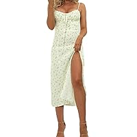 Women's Elegant Floral Print Puff Sleeve Ruched A-Line High Split Party Long Maxi Dress