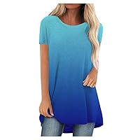Women Tshirt Top Trendy Summer Casual Loose Gradient Long Tunic Tee Sexy Short Sleeve Plus Size Crew Neck Workout Blouse